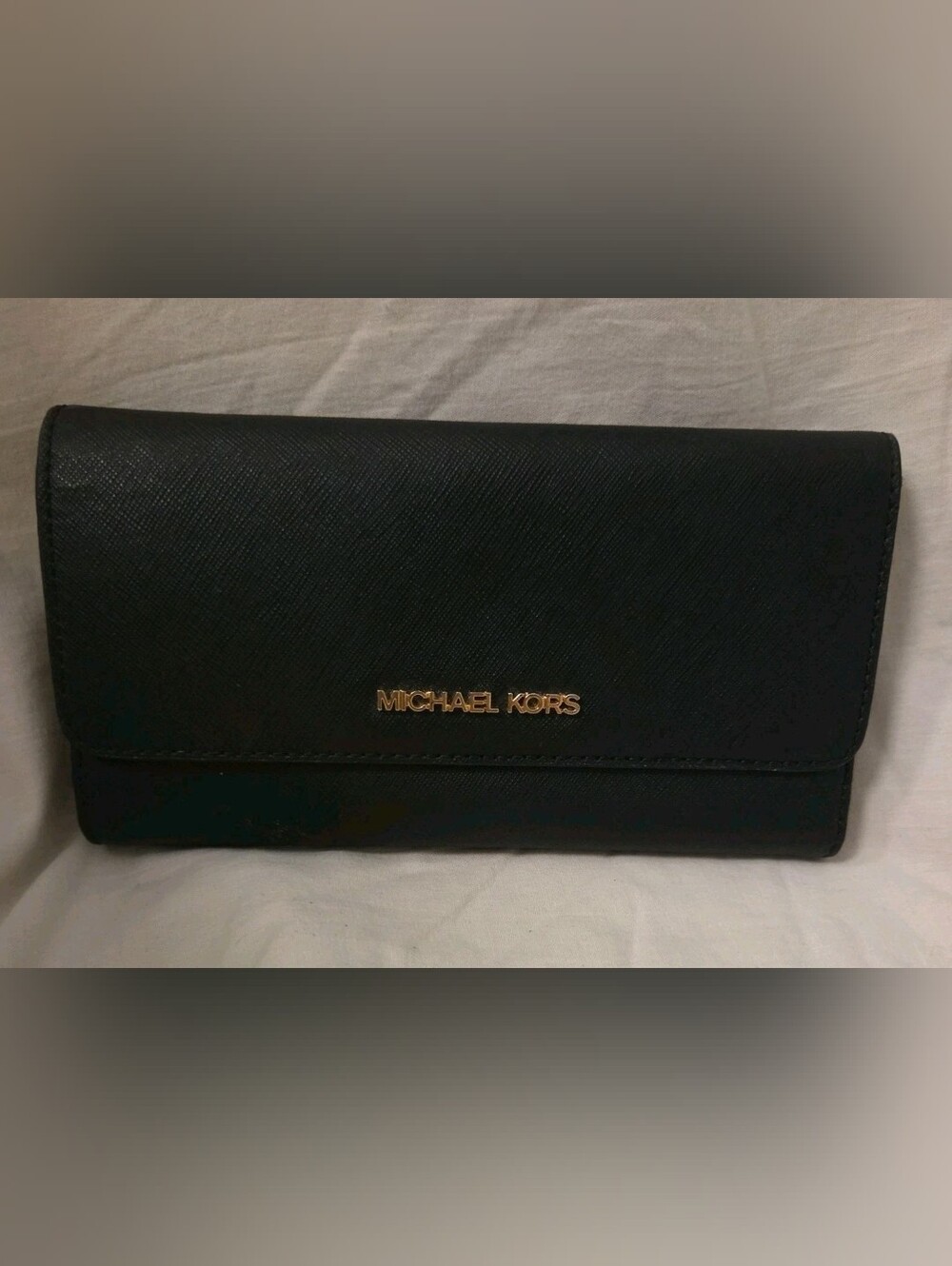 Michael Kors Black Leather Carryall Large Wallet NWOT Gold Hardware Trifold